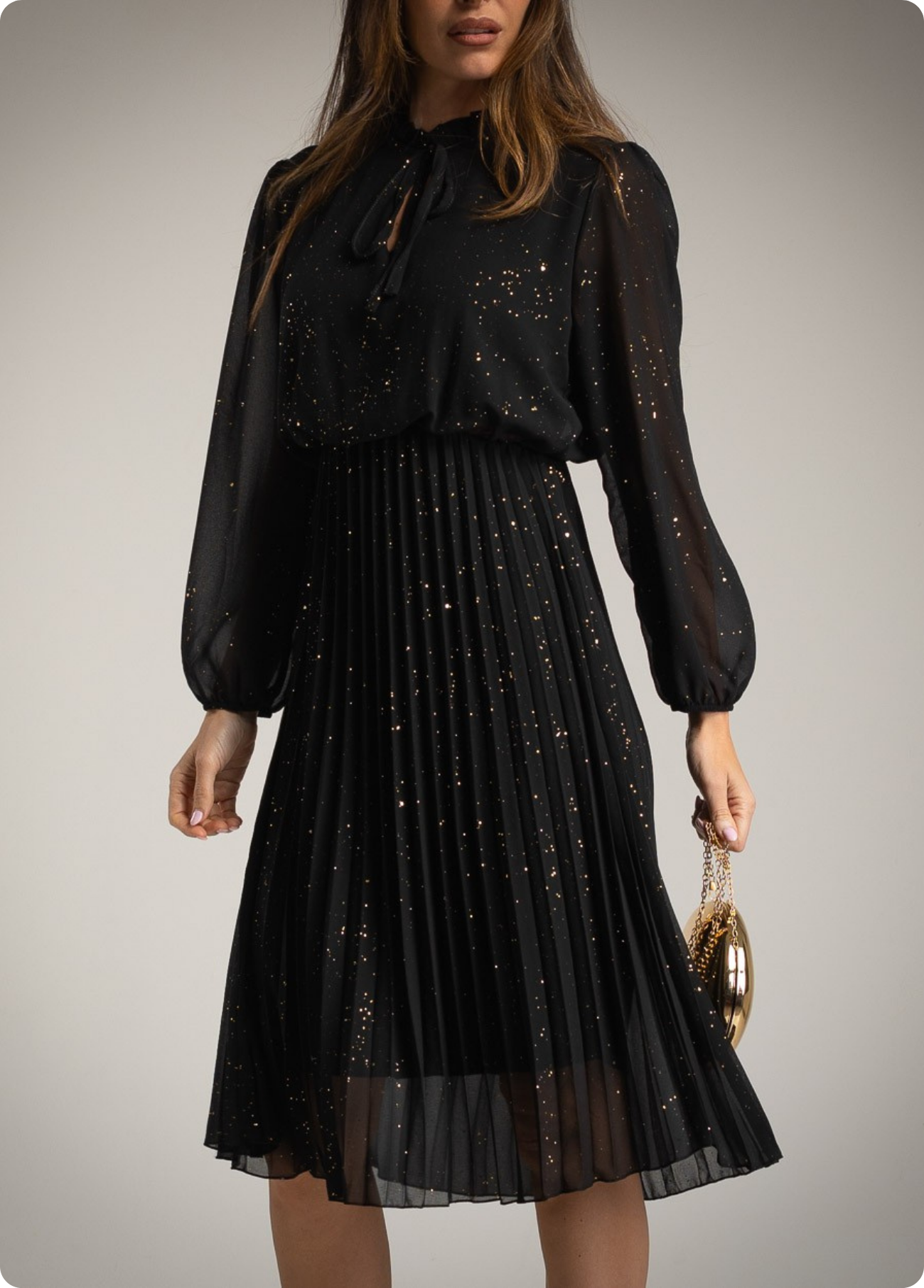 VESTIDO MIDI PLISSADO COM BRILHO - ALBANOS