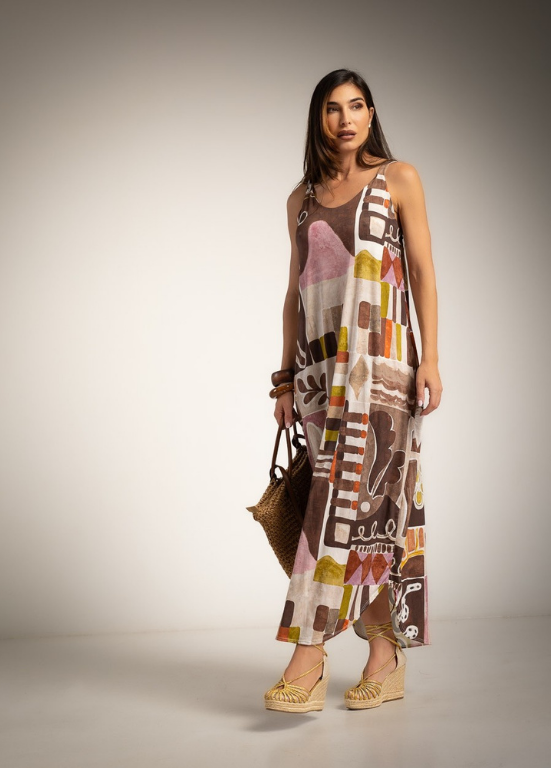 VESTIDO MAXI COM ESTAMPADO RETRO GEOMÉTRICO E FLORAL - ALBANO'S