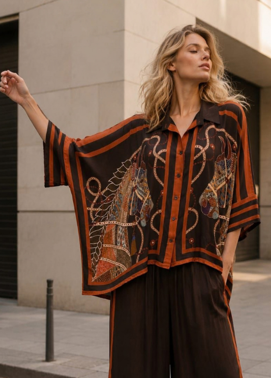 BLUSA TIPO CAPA EM VISCOSE COM CAVALOS - ALIBY