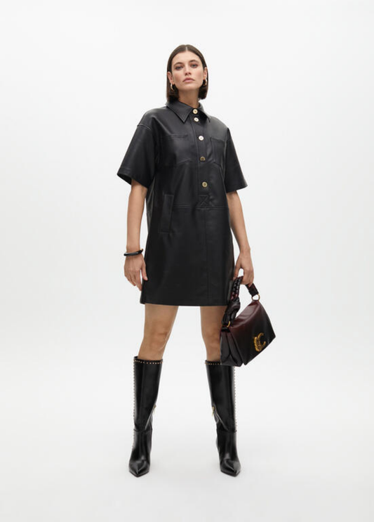 VESTIDO PRETO CAMISEIRO EM ECOPELE - LOLA CASADEMUNT