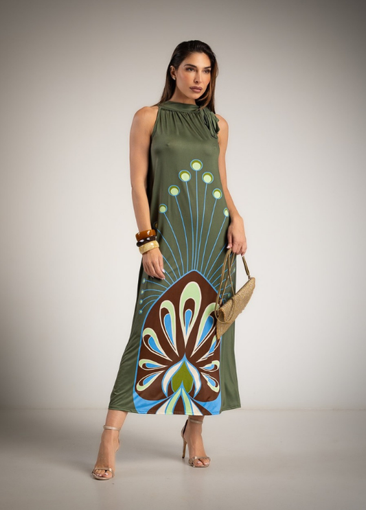 VESTIDO MAXI EM MALHA FRIA COM ESTAMPADO INSPIRAÇÃO PAVÃO - ALBANO'S