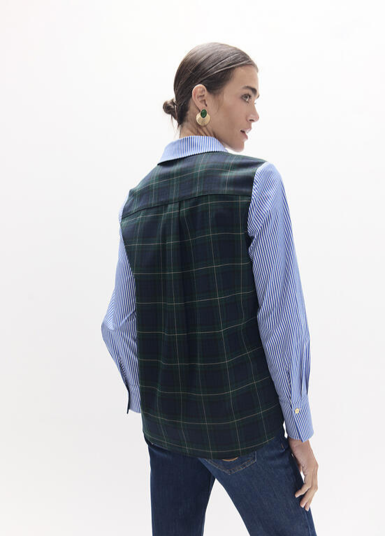 CAMISA DE RISCAS AZUL E BRANCO COM XADREZ E BRAZÃO LC - LOLA CASADEMUNT