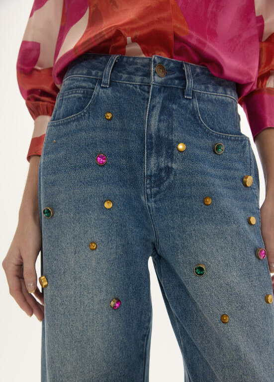 JEANS COM LAVAGEM MÉDIA E PEDRARIAS MULTICOLOR MAITE - LOLA CASADEMUNT