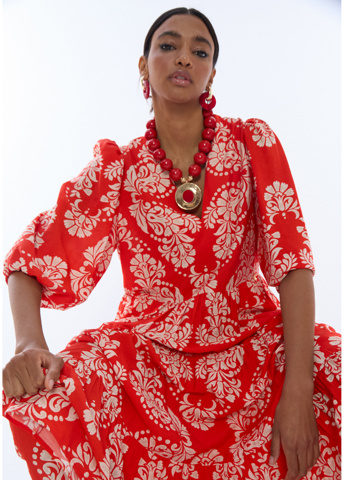 VESTIDO LONGO ESTAMPADO PAISLEY VERMELHO - LOLA CASADEMUNT