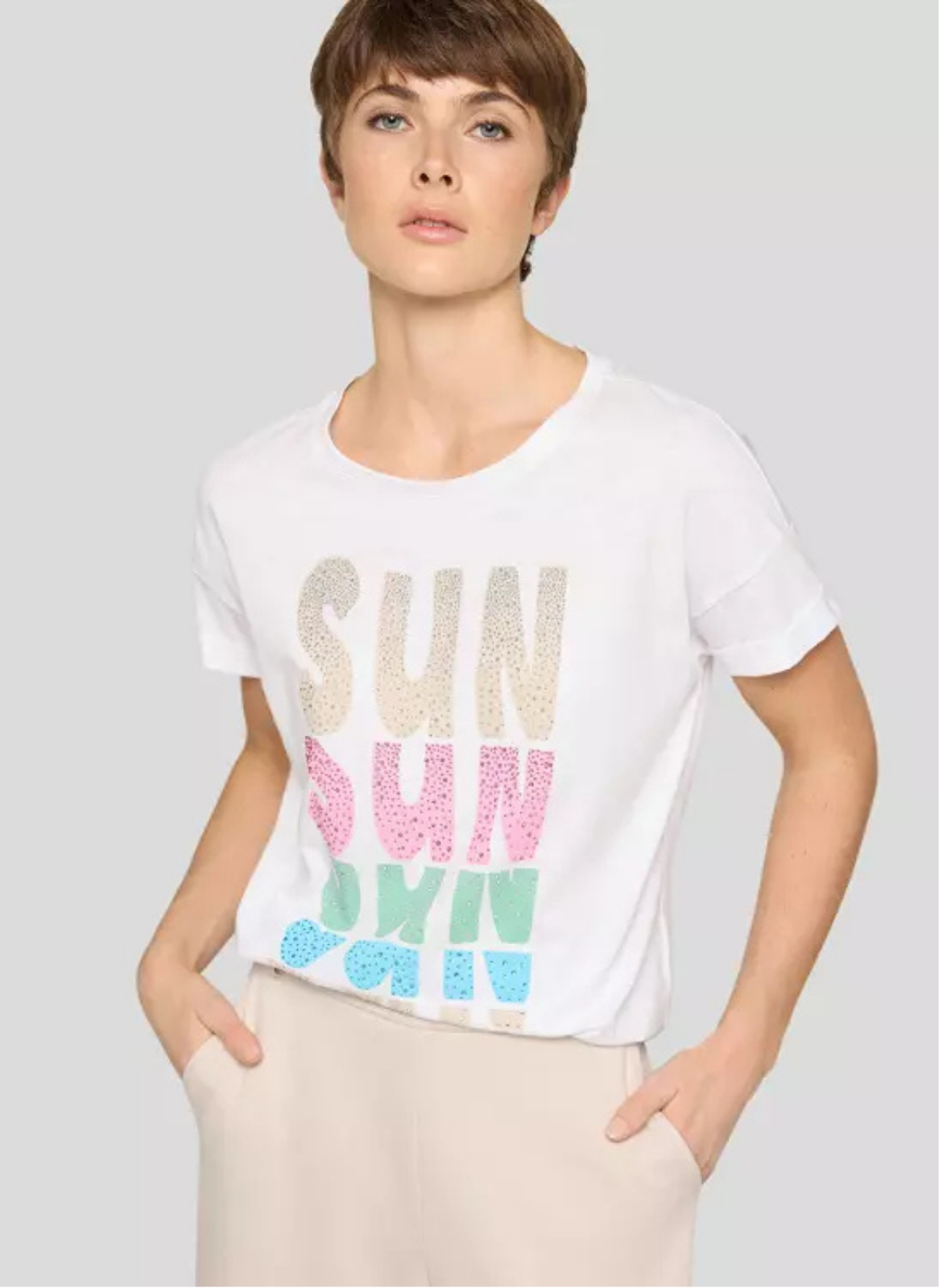 T-SHIRT BRANCA EM ALGODÃO COM STRASS "SUN" MULTICOLOR - RABE