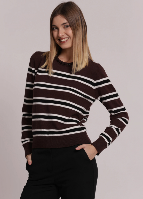 CAMISOLA DE MALHA DE RISCAS HORIZONTAIS E DETALHES DE PÉROLAS - MIMI MUA