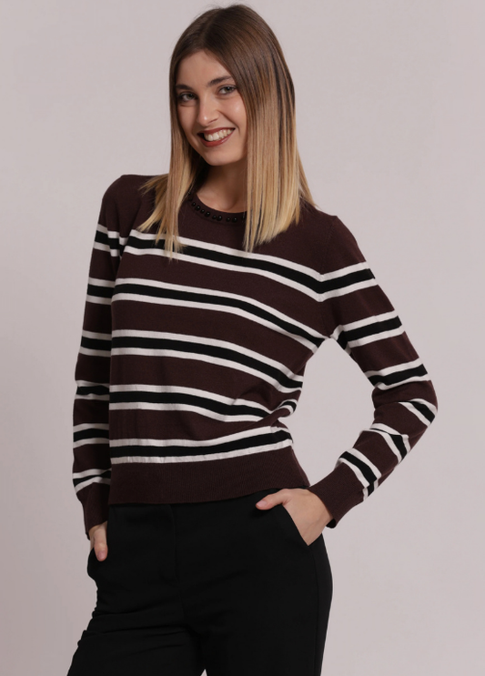 CAMISOLA DE MALHA DE RISCAS HORIZONTAIS E DETALHES DE PÉROLAS - MIMI MUA
