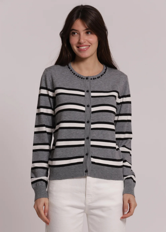 CARDIGAN DE MALHA COM RISCAS E DETALHES DE PÉROLAS - MIMI MUA