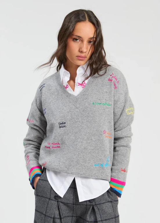 CAMISOLA CINZA DE TRICÔ COM BORDADO MULTICOLOR - VILAGALLO
