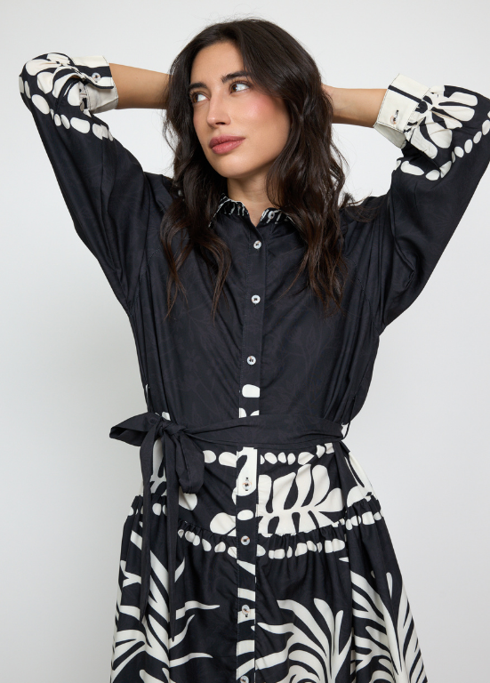 VESTIDO EM TECIDO FRESCO PRETO E BRANCO - ALIBY