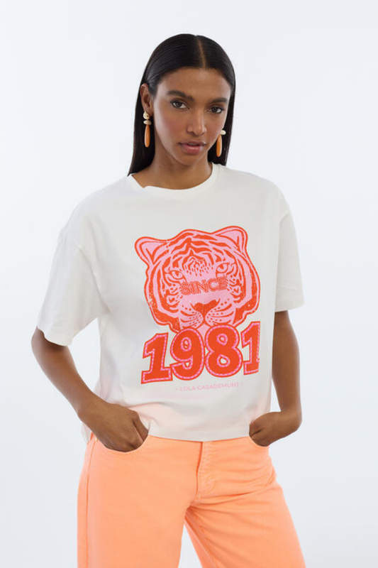 T-SHIRT BRANCA COM ESTAMPA TIGRE - LOLA CASADEMUNT