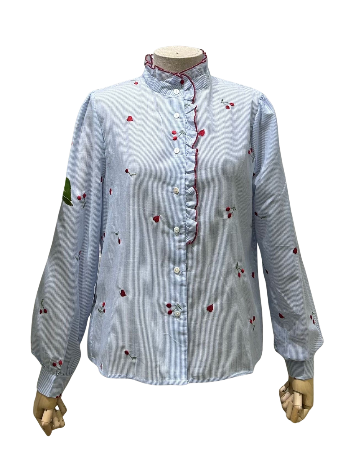 CAMISA AZUL ÀS RISCAS COM BORDADOS E FOLHOS - ALIBY