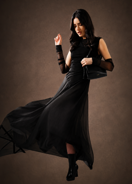 VESTIDO FLUIDO COM TULE SEMI TRANSPARENTE, FORRO E MANGAS OPCIONAIS - MIMI MUA