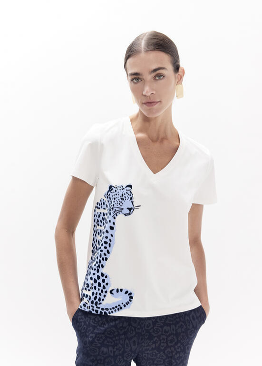 T-SHIRT BRANCA COM LEOPARDO AZUL - LOLA CASADEMUNT