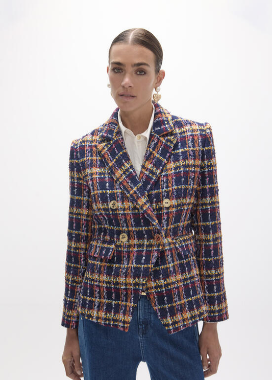 BLAZER EM TWEED AZUL ESCURO COM BOTÕES DOURADOS E CORTE ASSERTOADO - LOLA CASADEMUNT