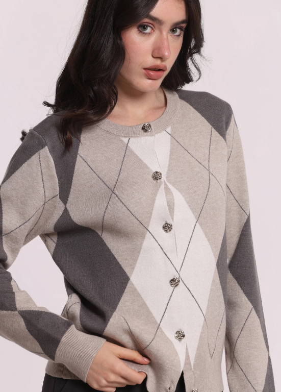 CARDIGAN DE LOSANGOS COM BOTÕES TIPO JÓIA - MIMI MUA