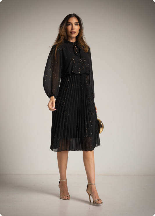 VESTIDO MIDI PLISSADO COM BRILHO - ALBANOS