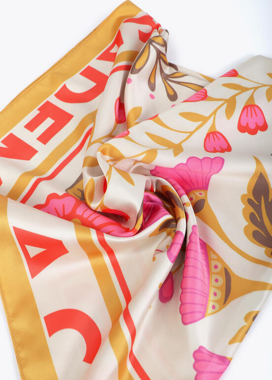 LENÇO EM CETIM COM ESTAMPADO FLORAL E ANIMAL 70* - LOLA CASADEMUNT