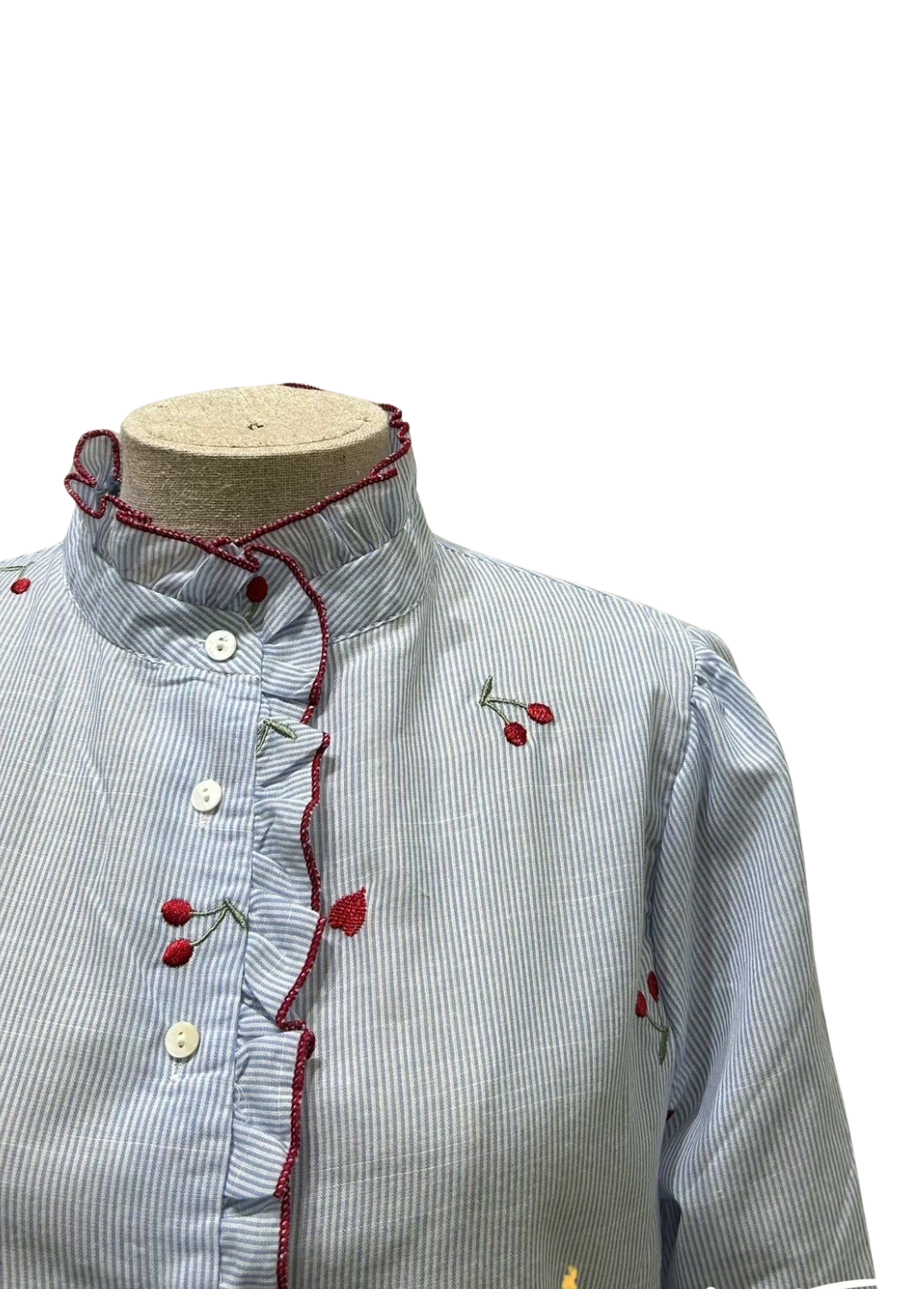 CAMISA AZUL ÀS RISCAS COM BORDADOS E FOLHOS - ALIBY