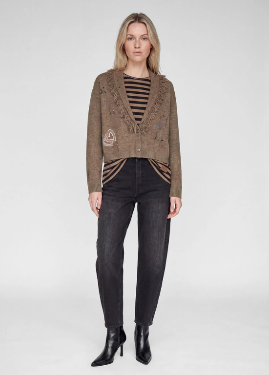 CARDIGAN COM FRANJAS E STRASS BEGE - RABE