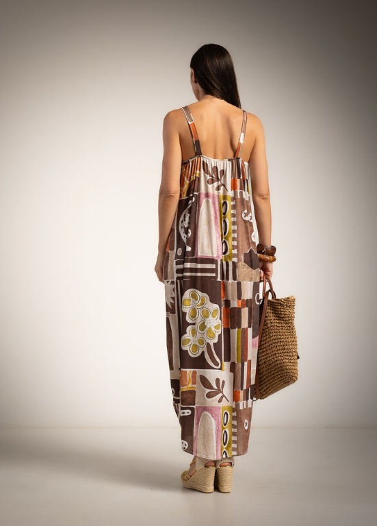 VESTIDO MAXI COM ESTAMPADO RETRO GEOMÉTRICO E FLORAL - ALBANO'S