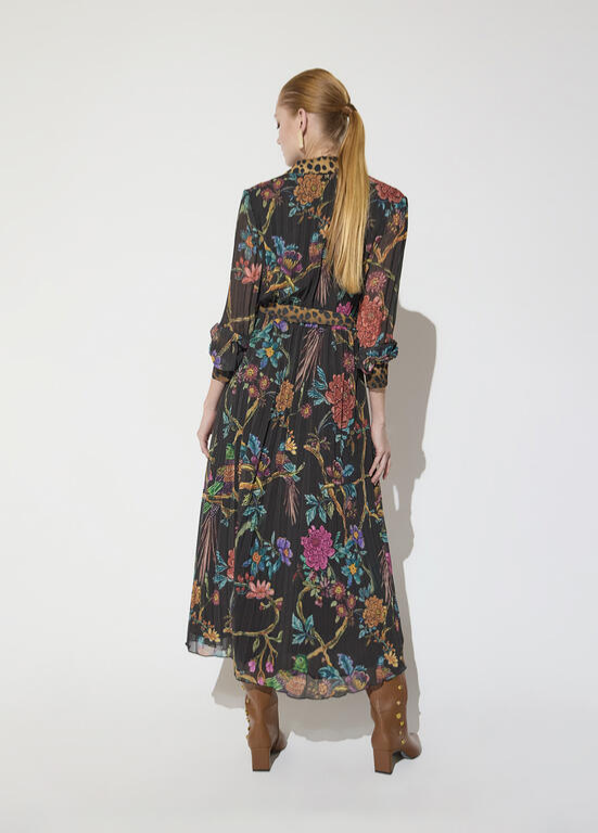 VESTIDO MIDI COM ESTAMPA DE FLORES E CONTRASTE EM ANIMAL PRINT NA GOLA BY MAITE - LOLA CASADEMUNT