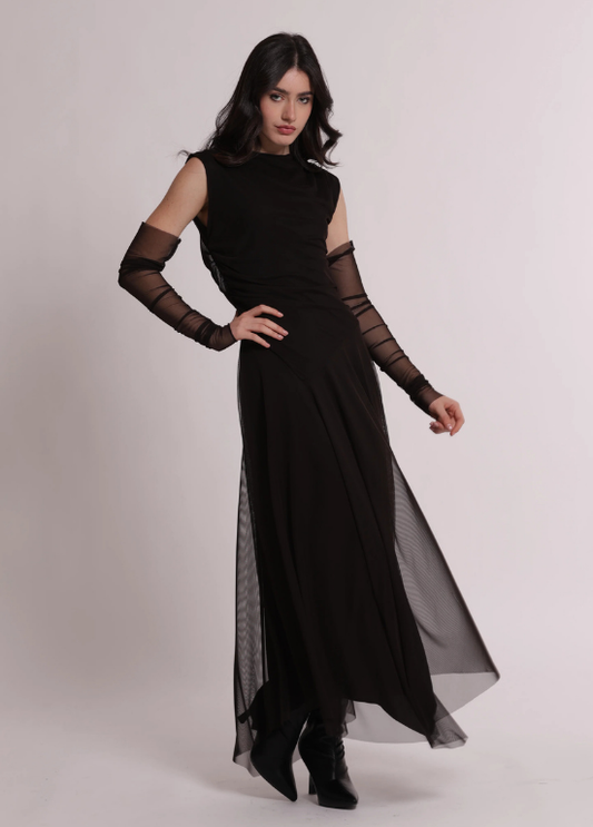 VESTIDO FLUIDO COM TULE SEMI TRANSPARENTE, FORRO E MANGAS OPCIONAIS - MIMI MUA