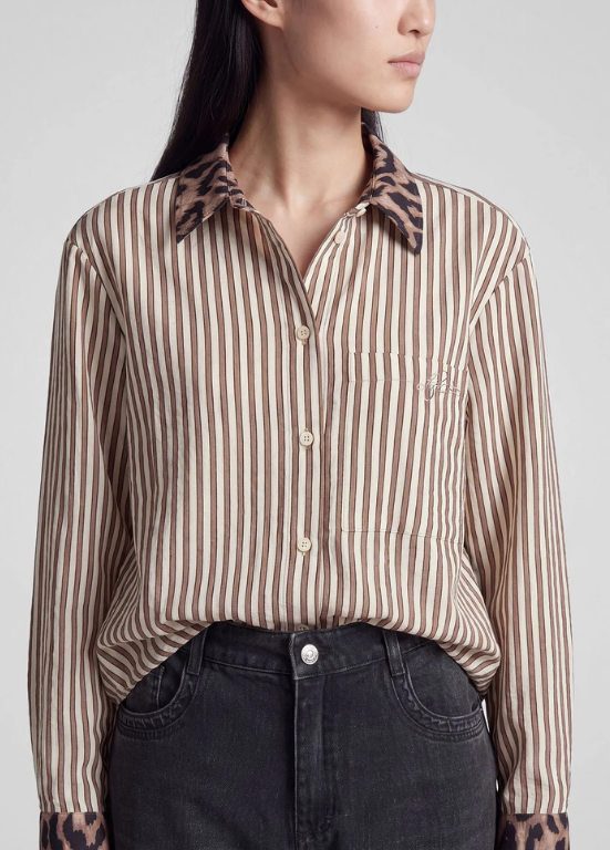 BLUSA DE VISCOSE LISTRADA EM BEGE COM RETALHOS - RABE