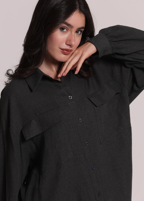 CAMISA DE VISCOSE CINZA COM BOSLOS DE FLANELA - MIMI-MUA