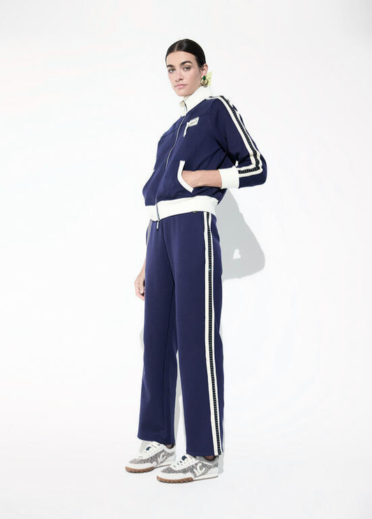 CALÇAS DE MALHA AZUL MARINHO COM CONTRASTES A BRANCO E STRASS - LOLA CASADEMUNT