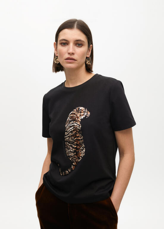 T-SHIRT COM APLICAÇÃO TIGRE EM LANTEJOULAS - LOLA CASADEMUNT