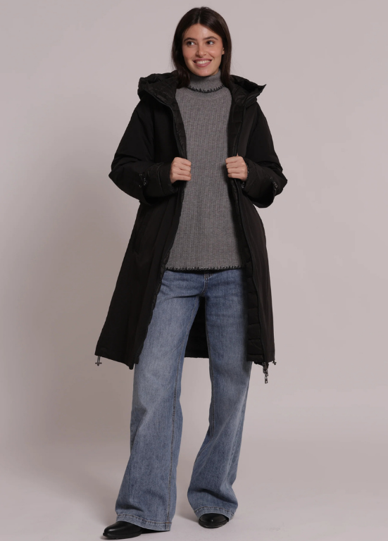 PARKA PRETA LONGA REVERSÍVEL COM CORDÃO - MIMI-MUA
