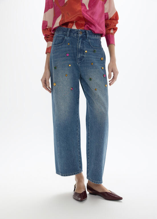 JEANS COM LAVAGEM MÉDIA E PEDRARIAS MULTICOLOR MAITE - LOLA CASADEMUNT