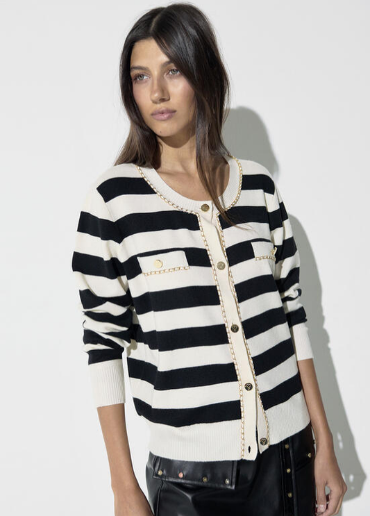 CARDIGAN DE RISCAS E PERSPONTOS DOURADOS TIPO CHANNEL LC - LOLA CASADEMUNT