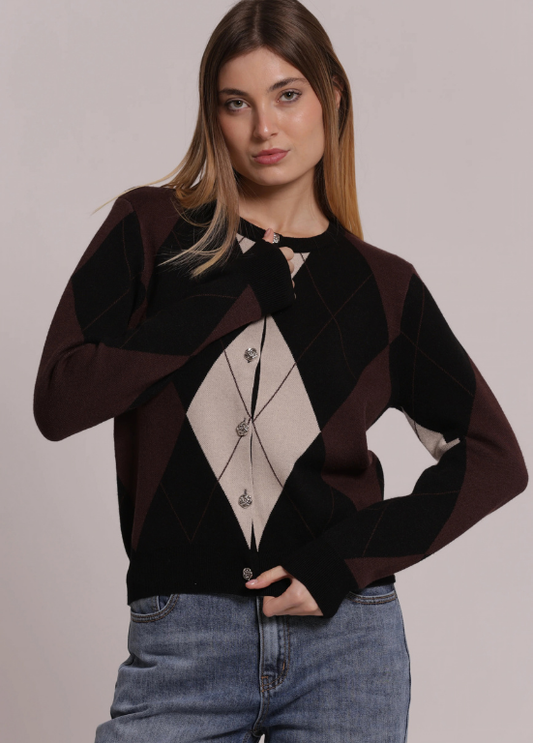 CARDIGAN DE LOSANGOS COM BOTÕES TIPO JÓIA - MIMI MUA