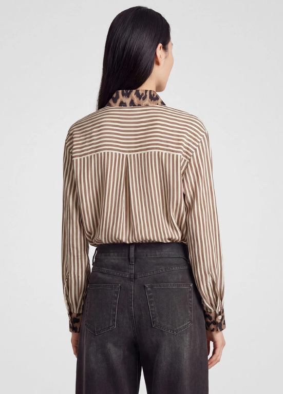 BLUSA DE VISCOSE LISTRADA EM BEGE COM RETALHOS - RABE
