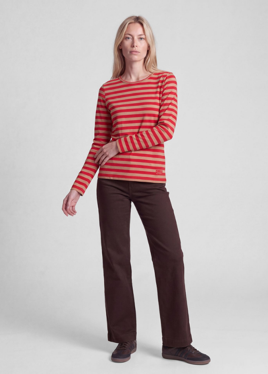BLUSA LONGSLEEVE COM RISCAS HORIZONTAIS EM CAMEL E VERMELHO - RABE