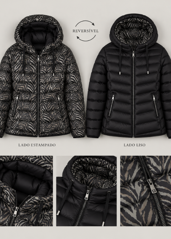 PARKA CURTA ACOLCHOADA COM CAPUZ, RESERVSÍVEL ESTAMPADO ANIMAL PRINT OU LISO - BARBARA LEBEK