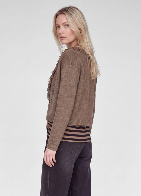 CARDIGAN COM FRANJAS E STRASS BEGE - RABE
