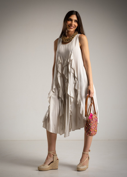 VESTIDO EM VISCOSE COM FOLHOS CENTRAIS - ALIBY