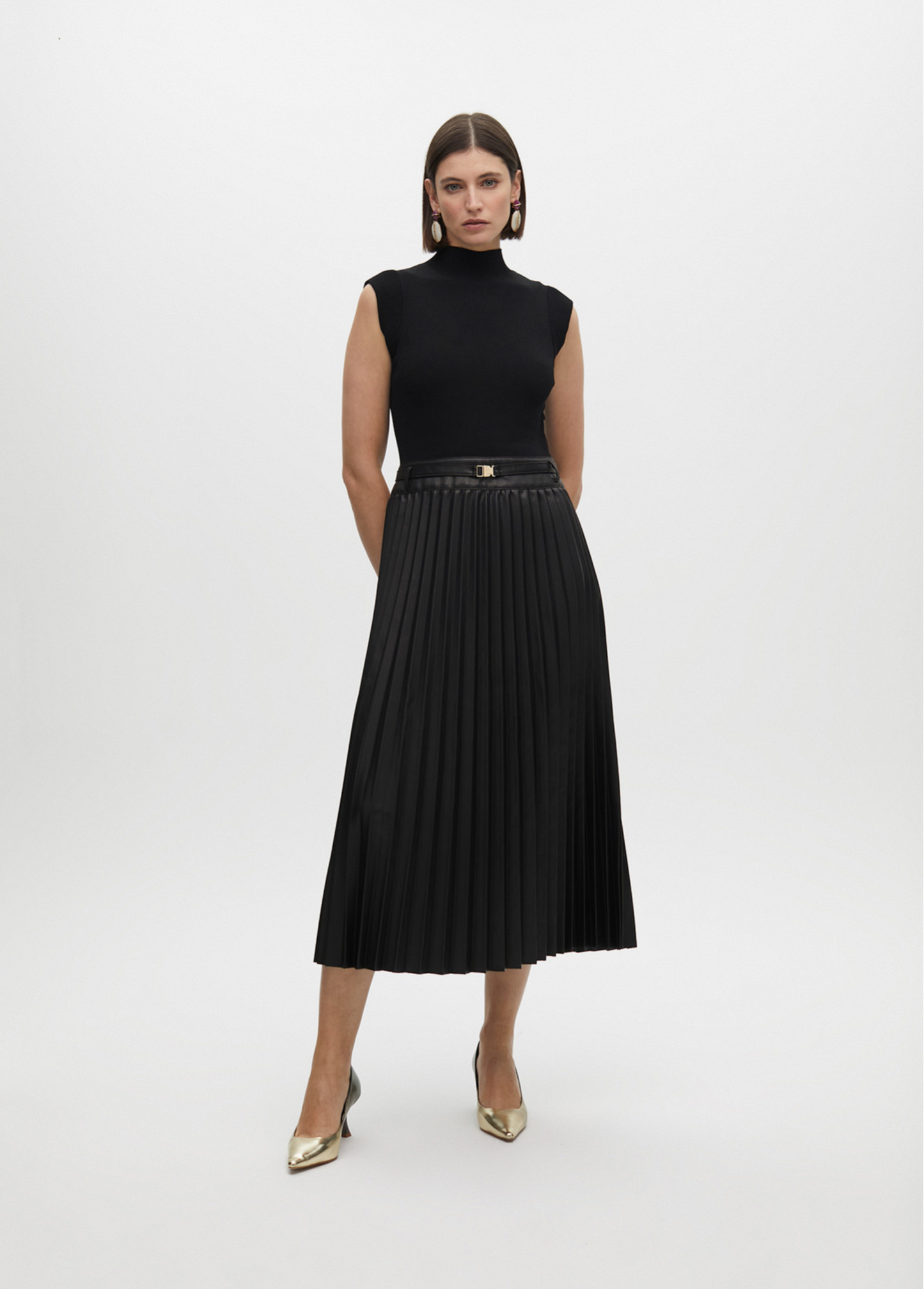 VESTIDO MIDI ELEGANTE COM SAIA PLISSADA E CINTO - LOLA CASADEMUNT