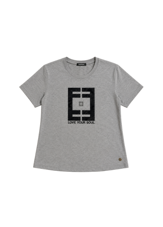 T-SHIRT CINZENTA COM MONOGRAMA DE RENDA PRETA - FOURSOUL