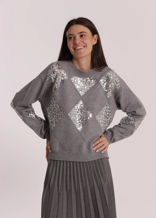 CAMISOLA DE MALHA COM PORMENORES EM LANTEJOULAS - MIMI MUA