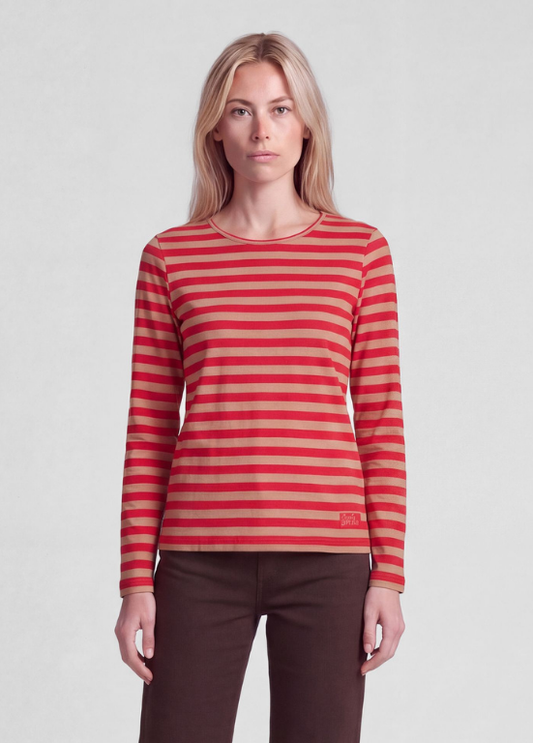BLUSA LONGSLEEVE COM RISCAS HORIZONTAIS EM CAMEL E VERMELHO - RABE