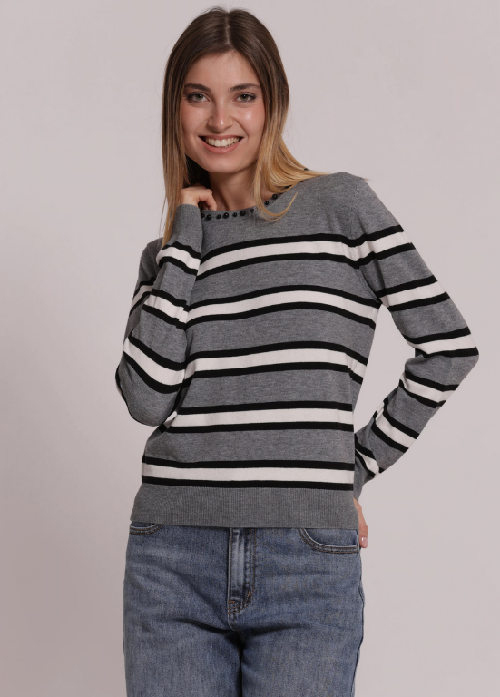 CAMISOLA DE MALHA DE RISCAS HORIZONTAIS E DETALHES DE PÉROLAS - MIMI MUA