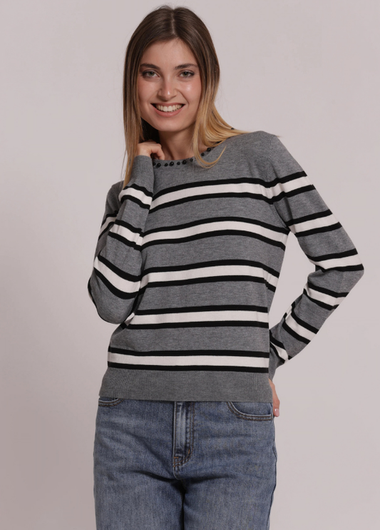CAMISOLA DE MALHA DE RISCAS HORIZONTAIS E DETALHES DE PÉROLAS - MIMI MUA