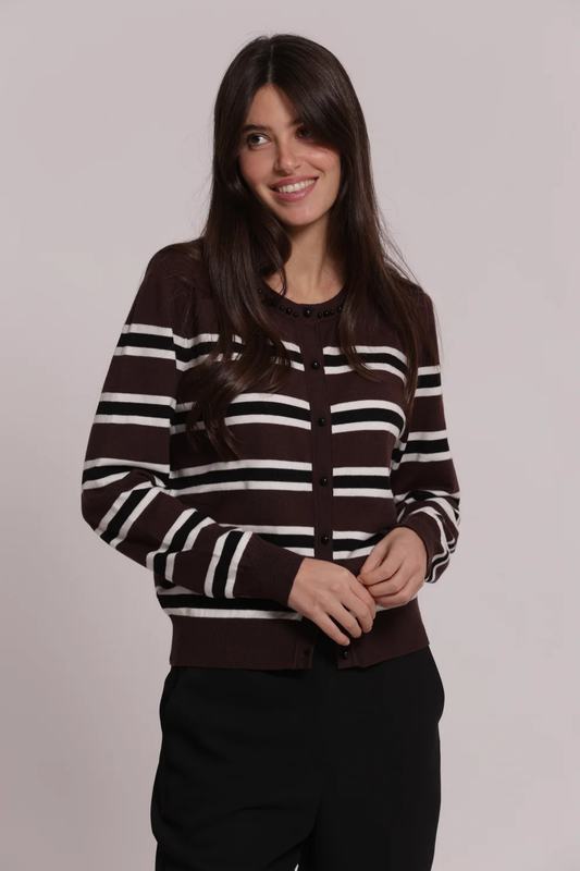 CARDIGAN DE MALHA COM RISCAS E DETALHES DE PÉROLAS - MIMI MUA