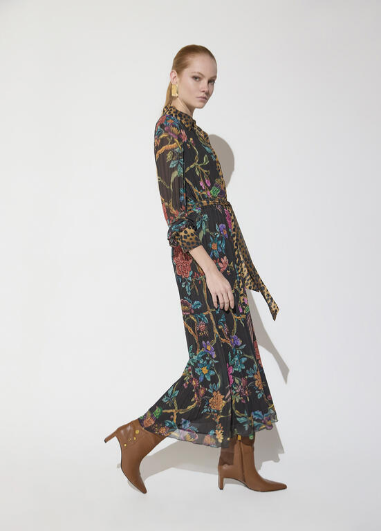 VESTIDO MIDI COM ESTAMPA DE FLORES E CONTRASTE EM ANIMAL PRINT NA GOLA BY MAITE - LOLA CASADEMUNT