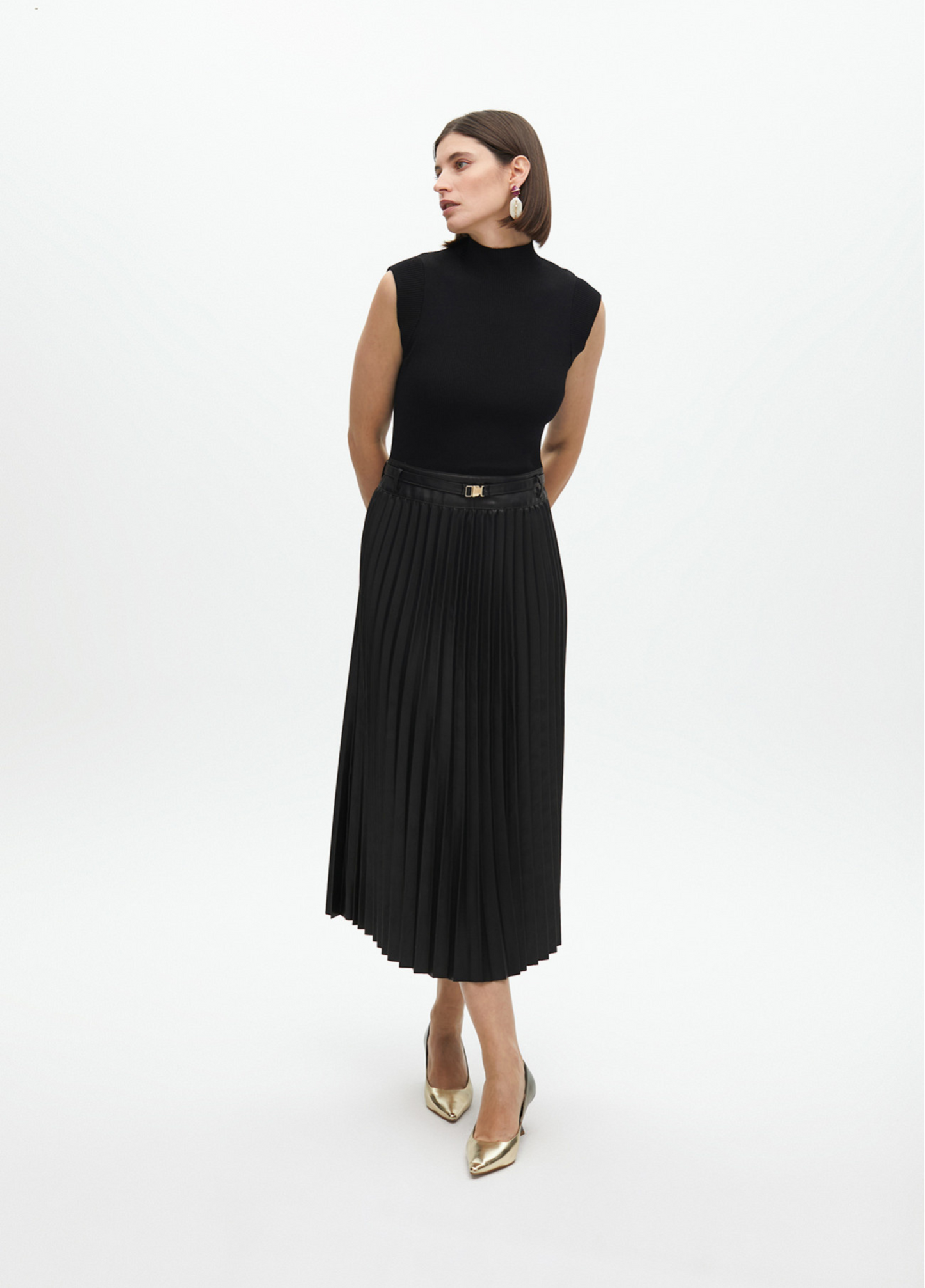 VESTIDO MIDI ELEGANTE COM SAIA PLISSADA E CINTO - LOLA CASADEMUNT