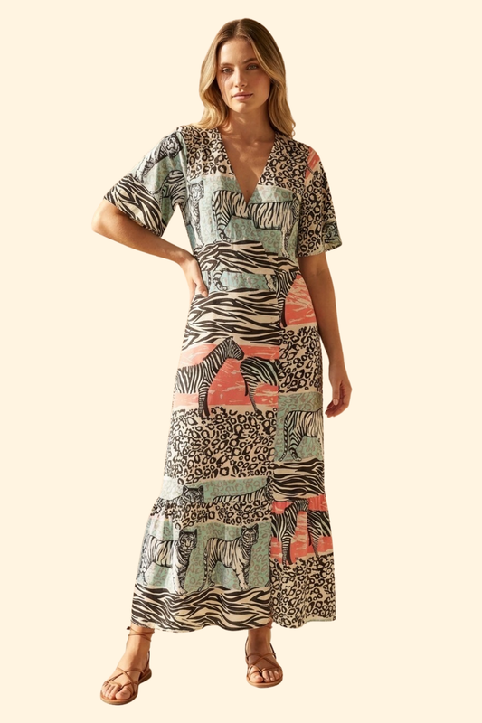 VESTIDO TRAÇADO NO PEITO COM ESTAMPADO ZEBRA - ALIBY